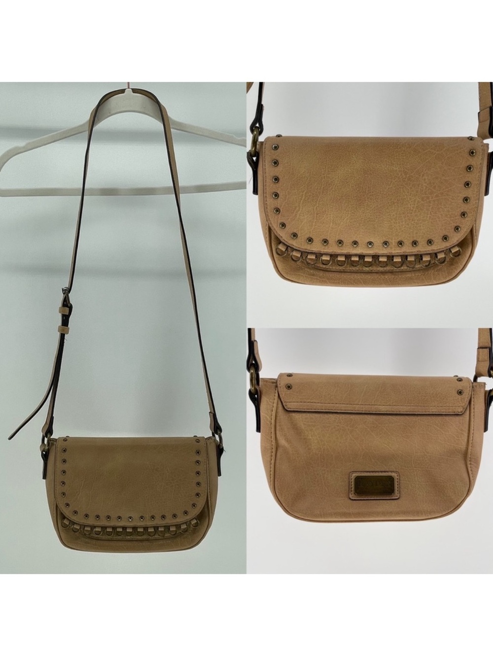 Hayden Tan Studded Crossbody Bag, Ring Accents, Vegan Leather